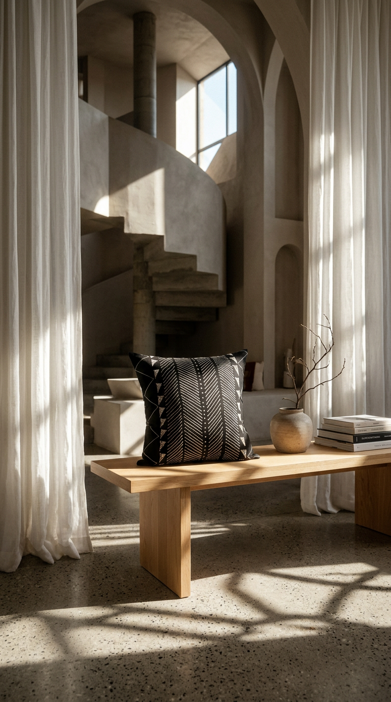 AI product shot of Amira Pillow Cover- Black W/ White Arrows 18"