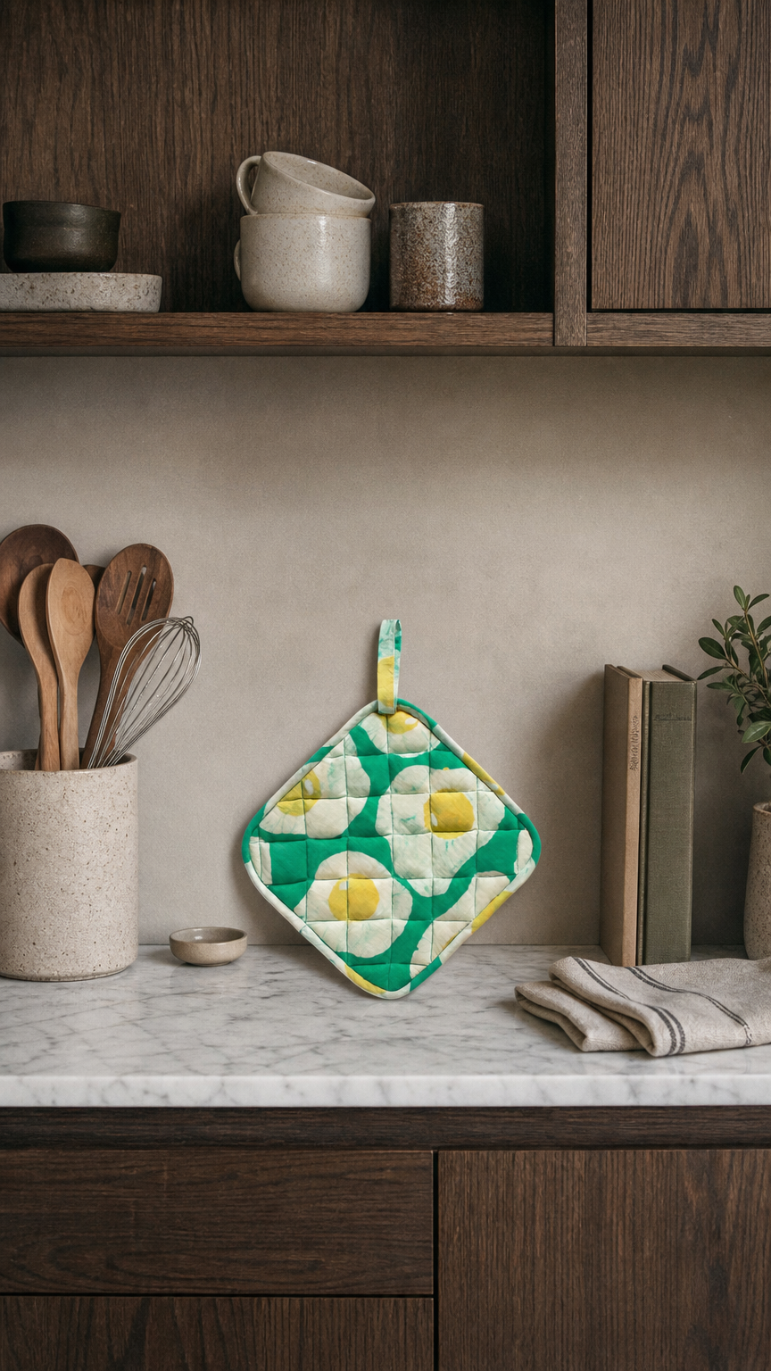 AI product shot of Organic Batik Pot Holder | Eggs