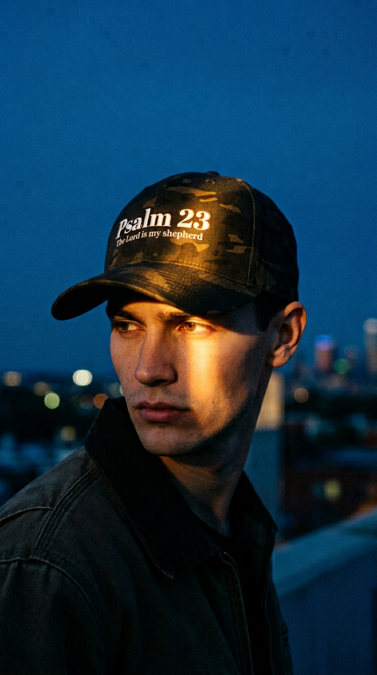 AI product shot of Psalm 23 Embroidered Camo Cap — 'The Lord is my shepherd' Christian Hat