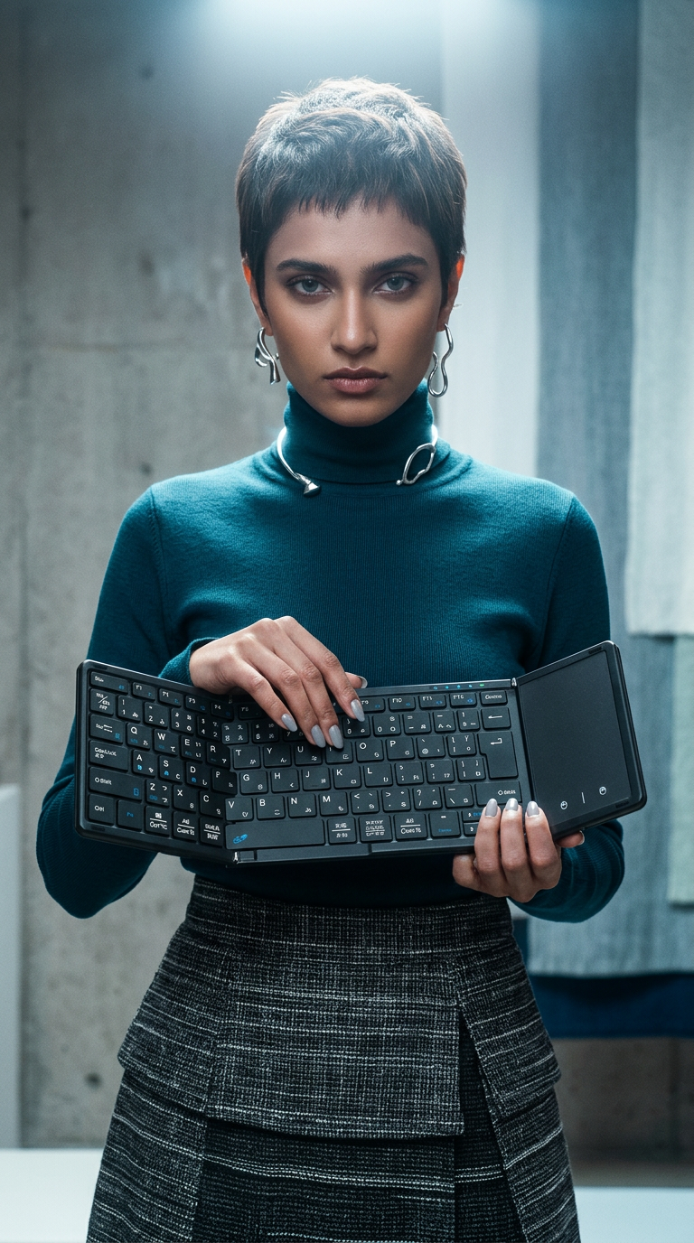 AI product shot of Omikamo Bluetooth Keyboard, Foldable, Wireless, JIS Standard Japanese Arrangement, iPad Keyboard, Smartphone, Multi-Pairing, Touchpad, Compatible with iOS/Windows/Android/Mac/Google Compatible,