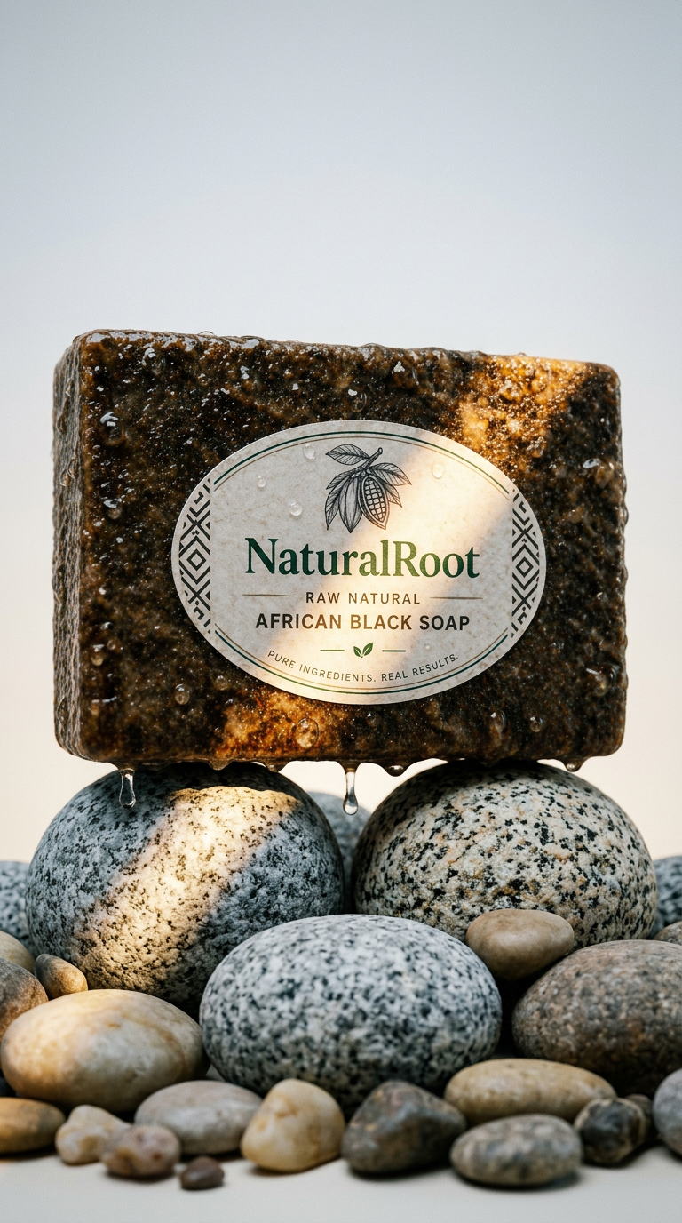 AI product shot of NaturalRoot Raw African Black Soap