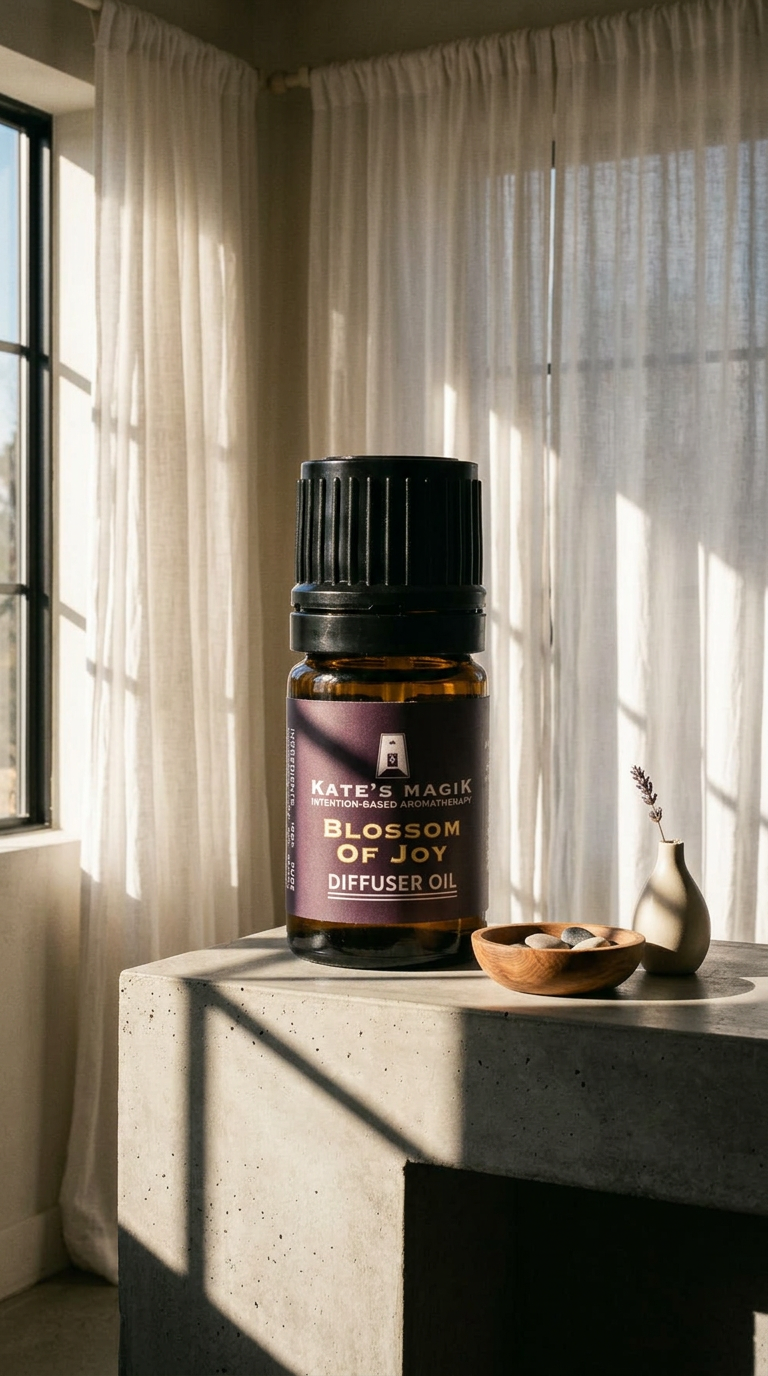AI product shot of Blossom of Joy – Abundance + Joyful Ease | Diffuser Oil
