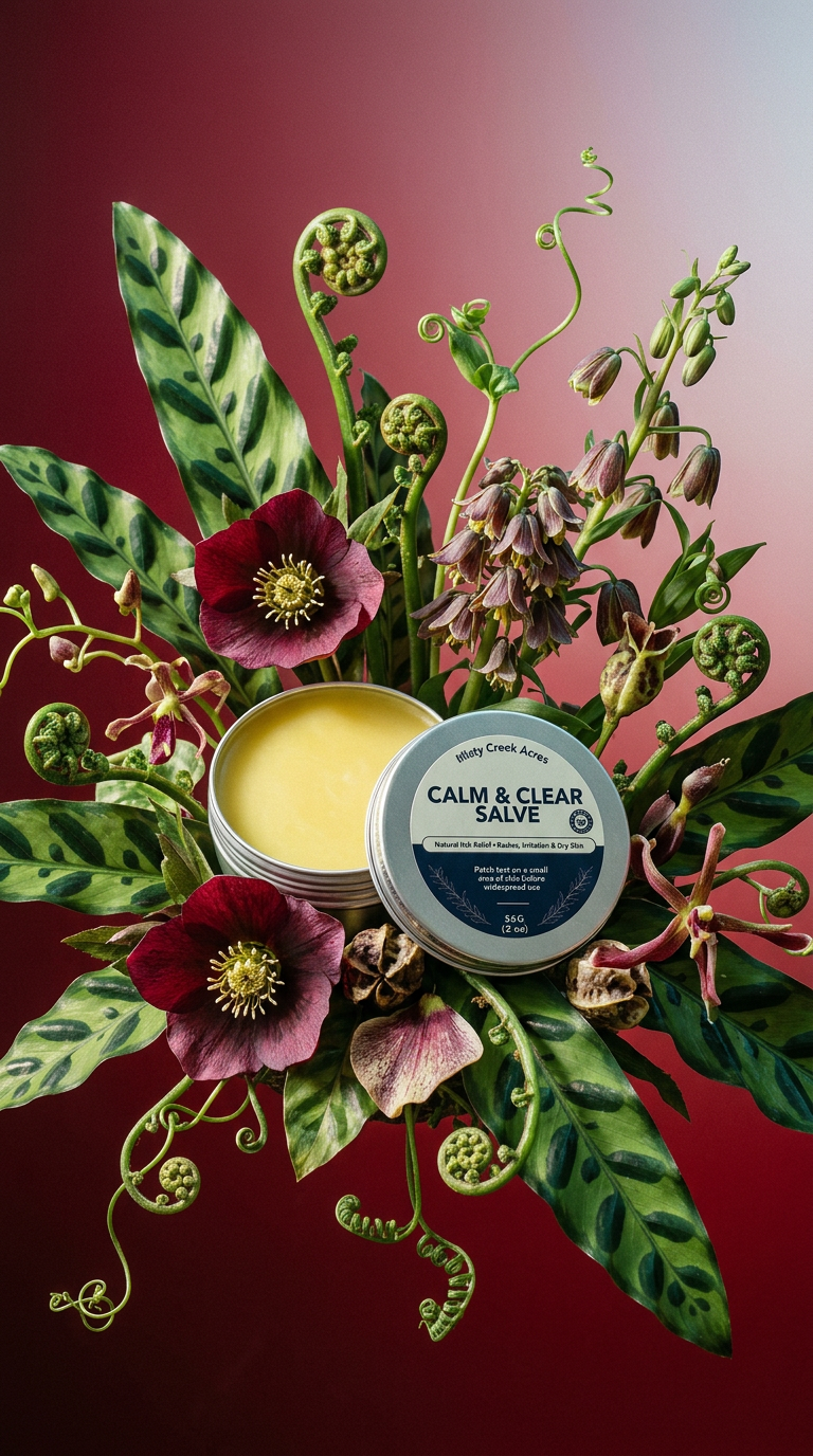 AI product shot of Calm & Clear Salve | Soothing Herbal Balm for Dry, Itchy Skin