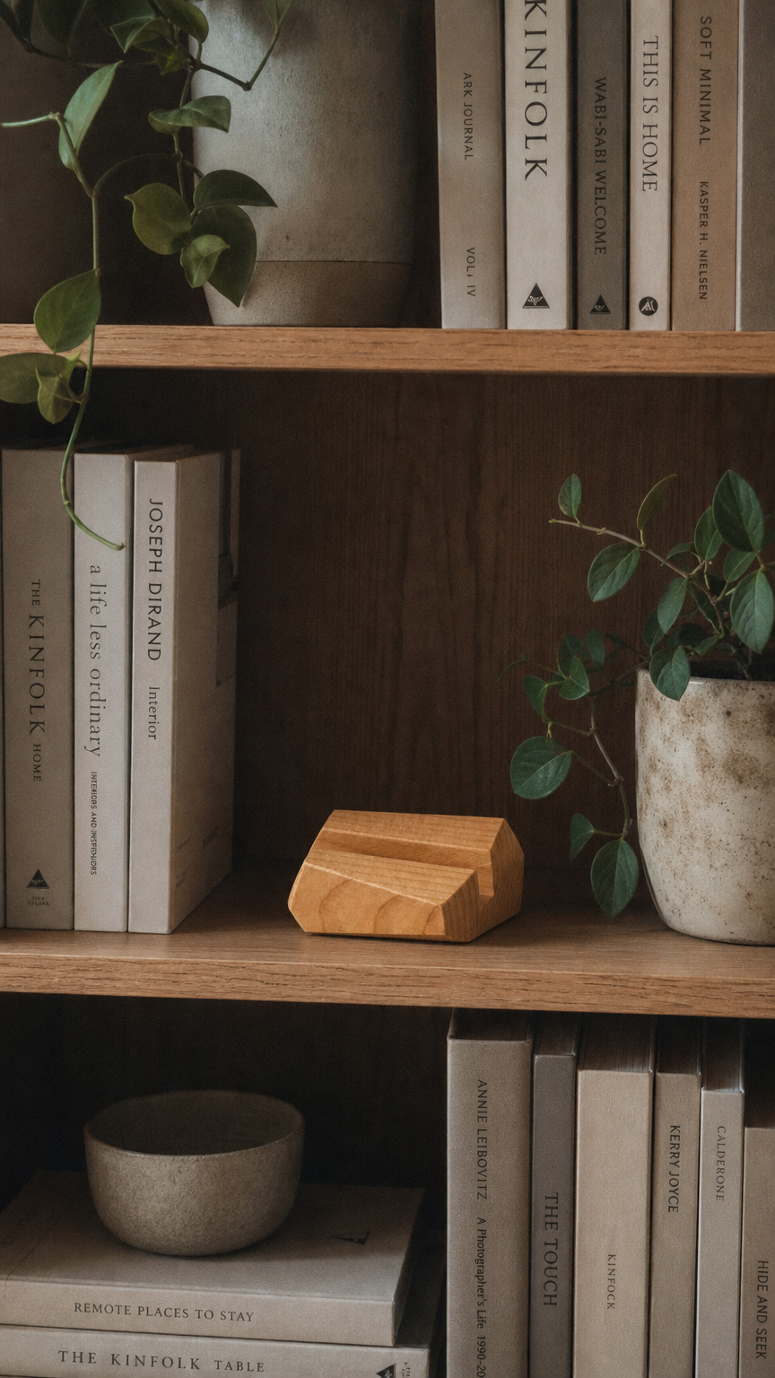 AI product shot of Hand-Carved Wooden Card Holder