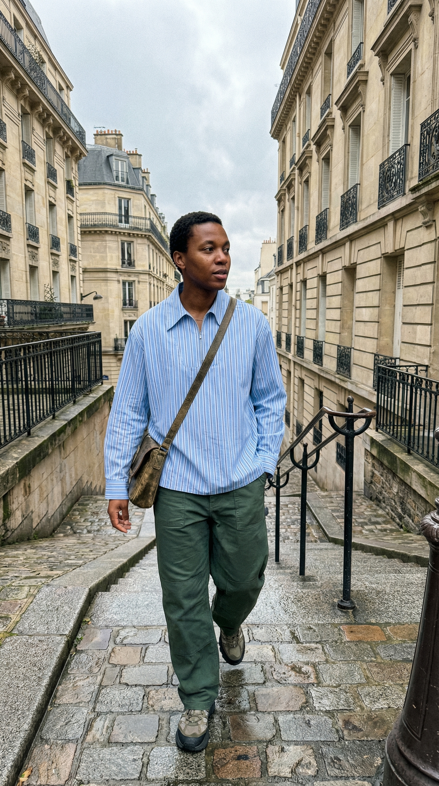 AI product shot of Light blue striped poplin shirt with zipper bib