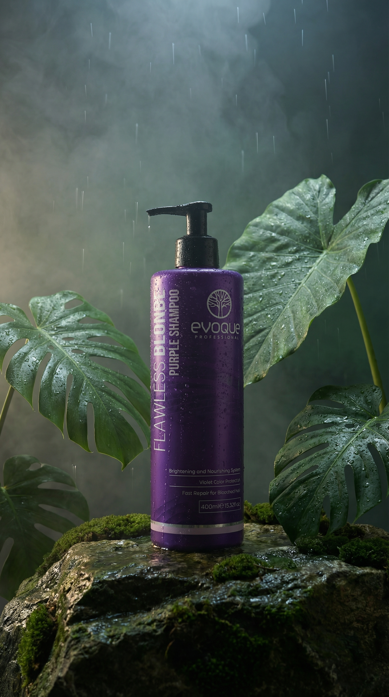 AI product shot of Evoque Flawless Blonde Purple Shampoo 400ml