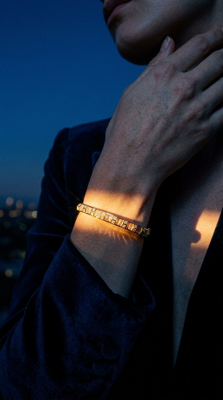 AI product shot of Baguette and Princess Cut Diamond Bangle Bracelet