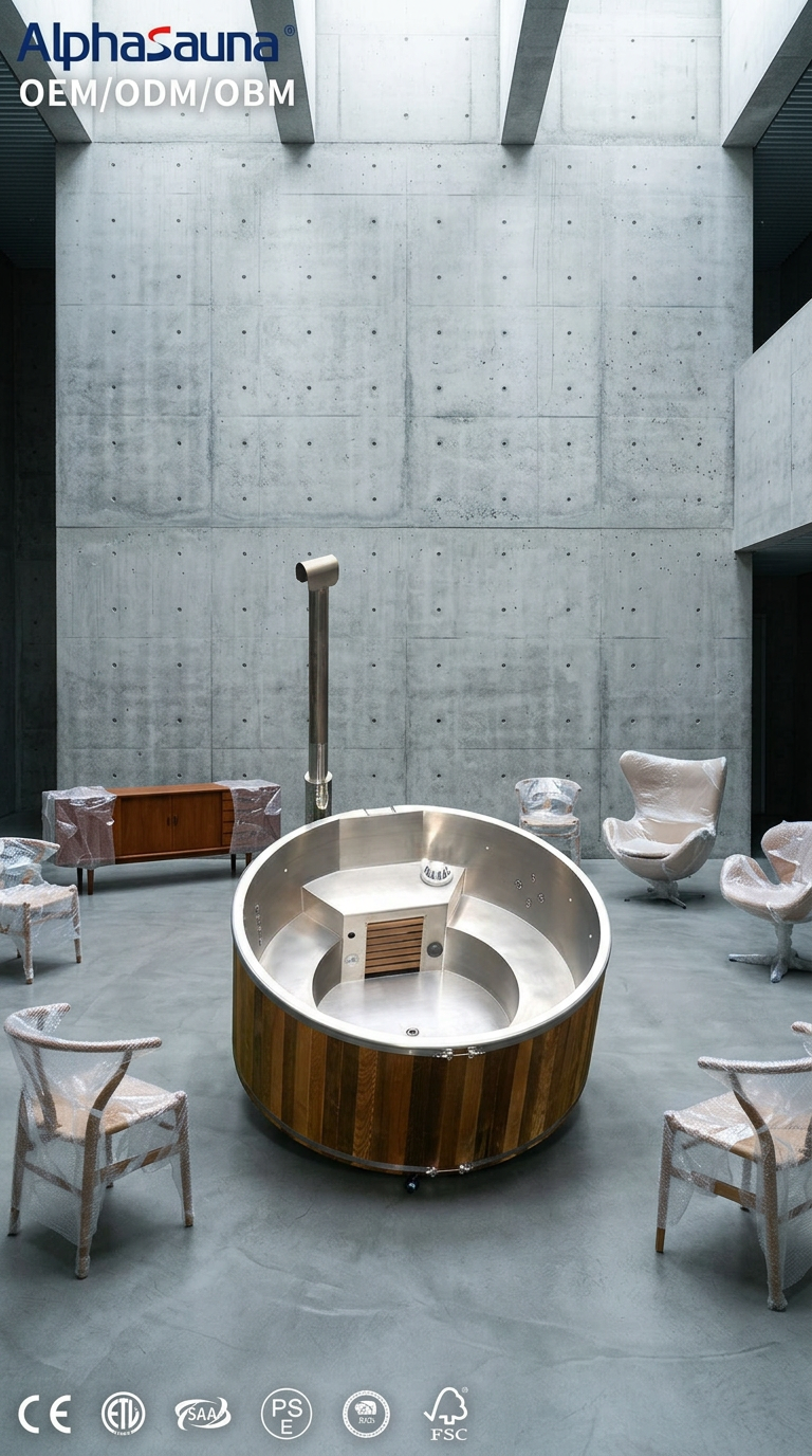 AI product shot of Portable Tub for Hot and Cold Bath Hybrid Hot Tub Wood Fire Hot Tub with Circulation Pump for Outdoor Relaxation