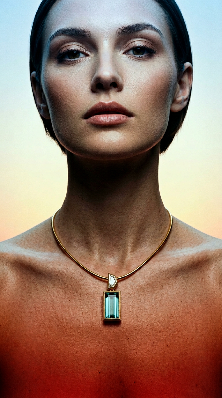 AI product shot of Equilibrium necklace - 14k gold, green tourmaline & diamond