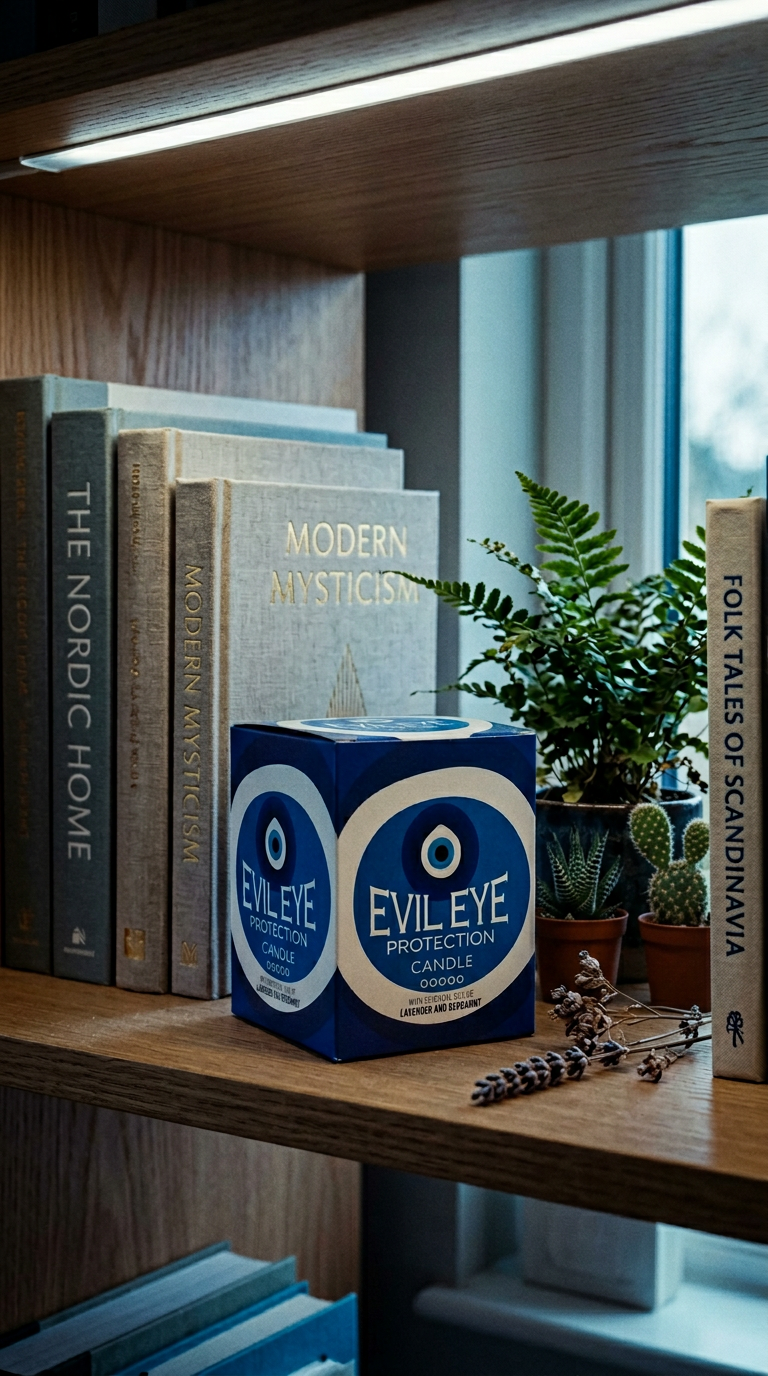 AI product shot of Evil Eye Glass Jar Candle