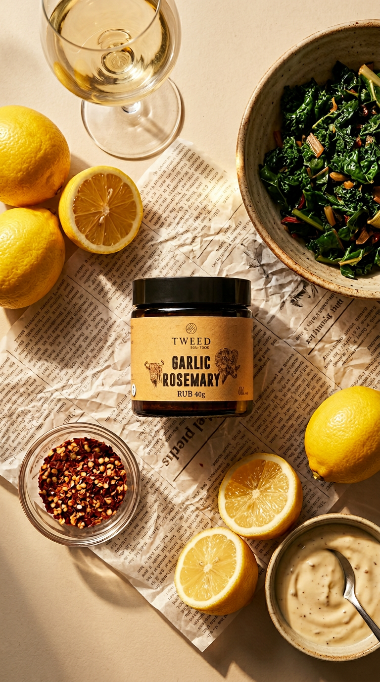 AI product shot of Garlic Rosemary Rub - Tweed Real Food 40g