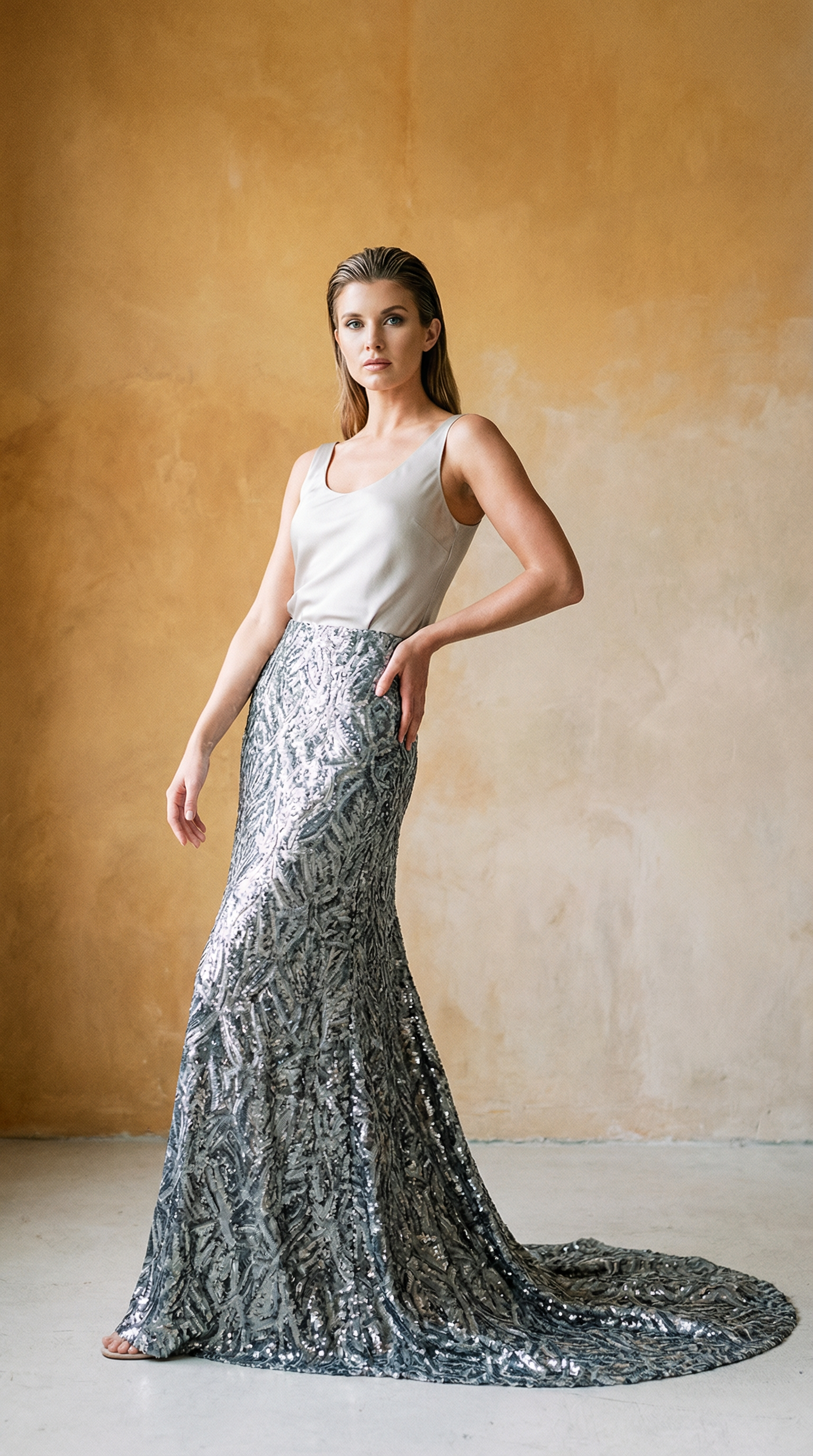 AI product shot of Coquette Metallic Banded Evening Skirt