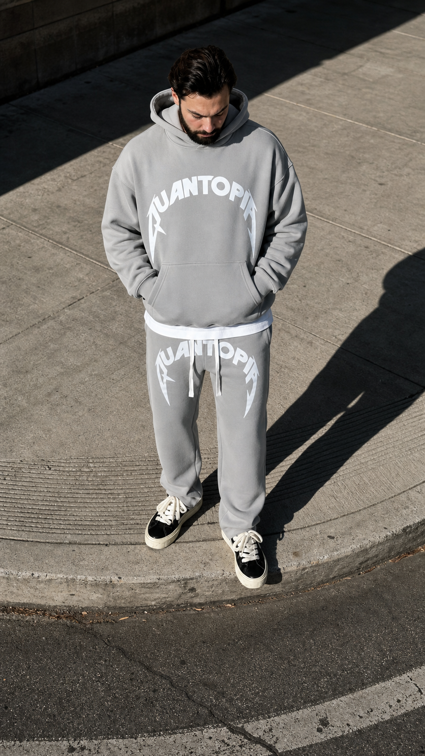 AI product shot of ARC BADGE HOODIE - GREY