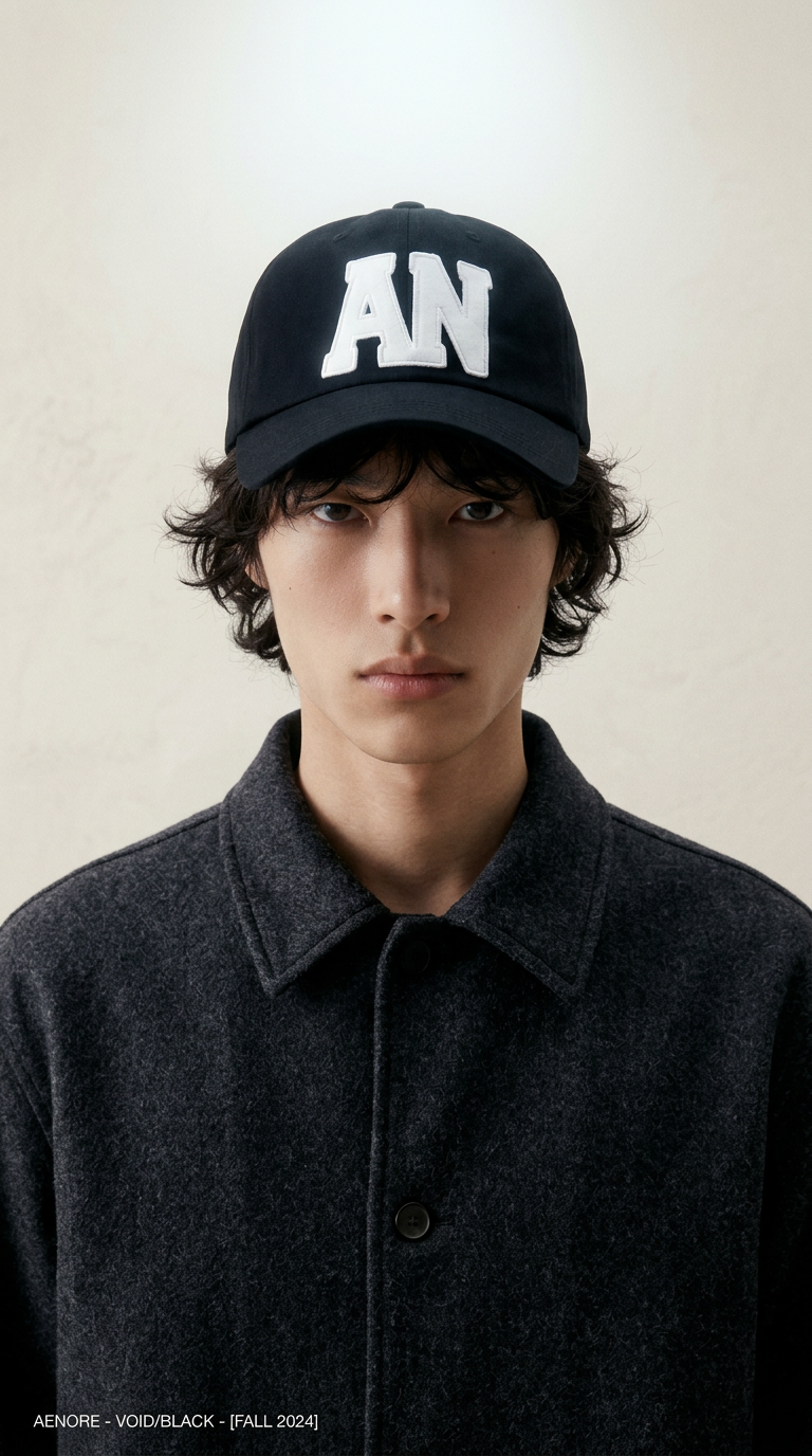 AI product shot of AENORE AN Appliqué Ball Cap [Void / Black]