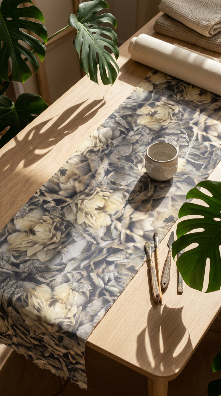 AI product shot of Garden Glory Artichoke Table Runner