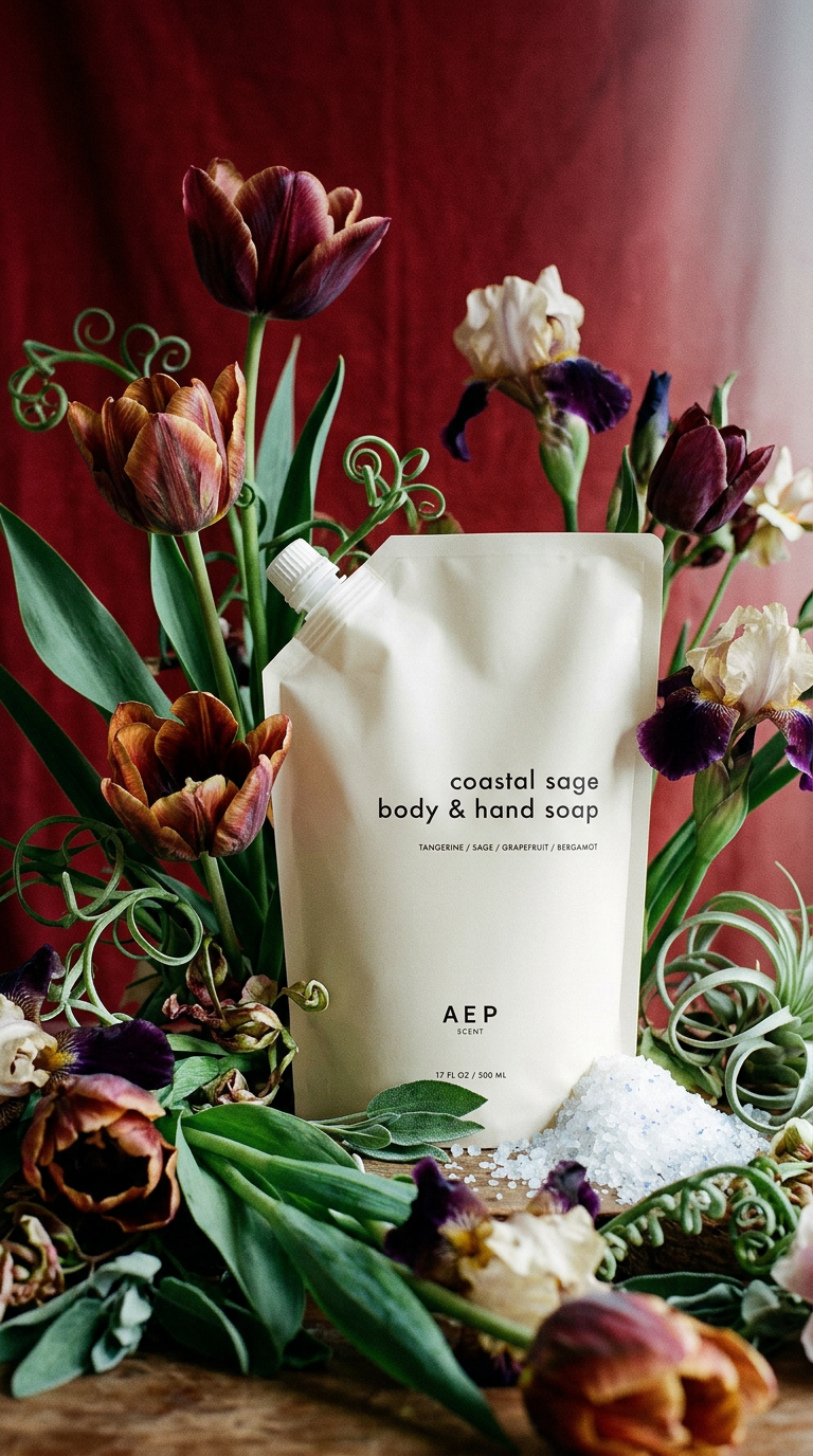 AI product shot of Coastal Sage Body & Hand Soap