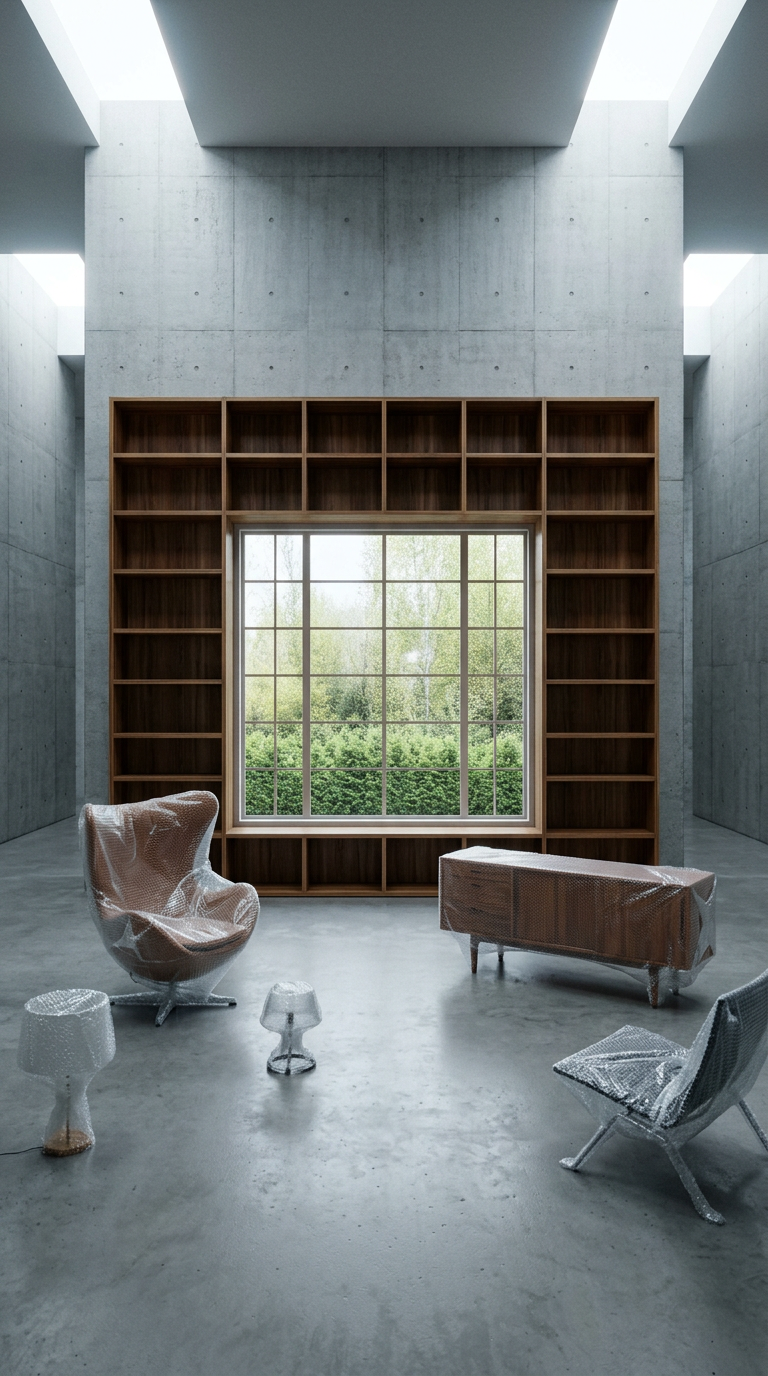 AI product shot of Empty room with wooden bookshelves and large window, enchanting background Generative AI