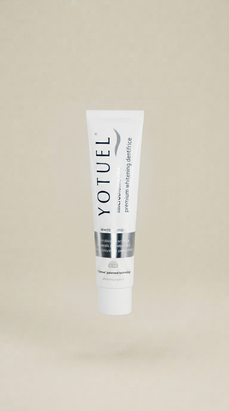AI product shot of Yotuel Microbiome One – hoitava valkaiseva hammastahna