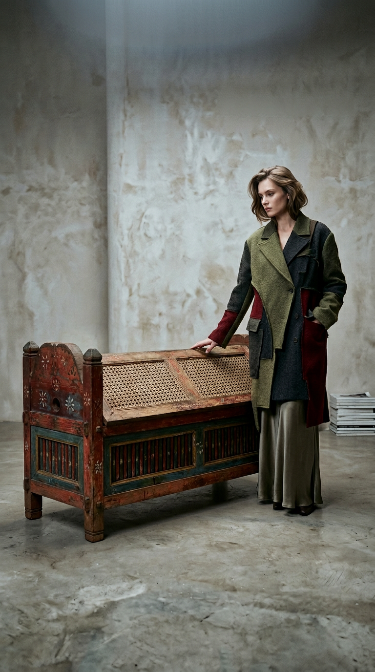 AI product shot of Antique Javanese Teak Jodang Storage Chest with Dual Rattan Lids & Polychrome Finish (Circa 1930–1955)