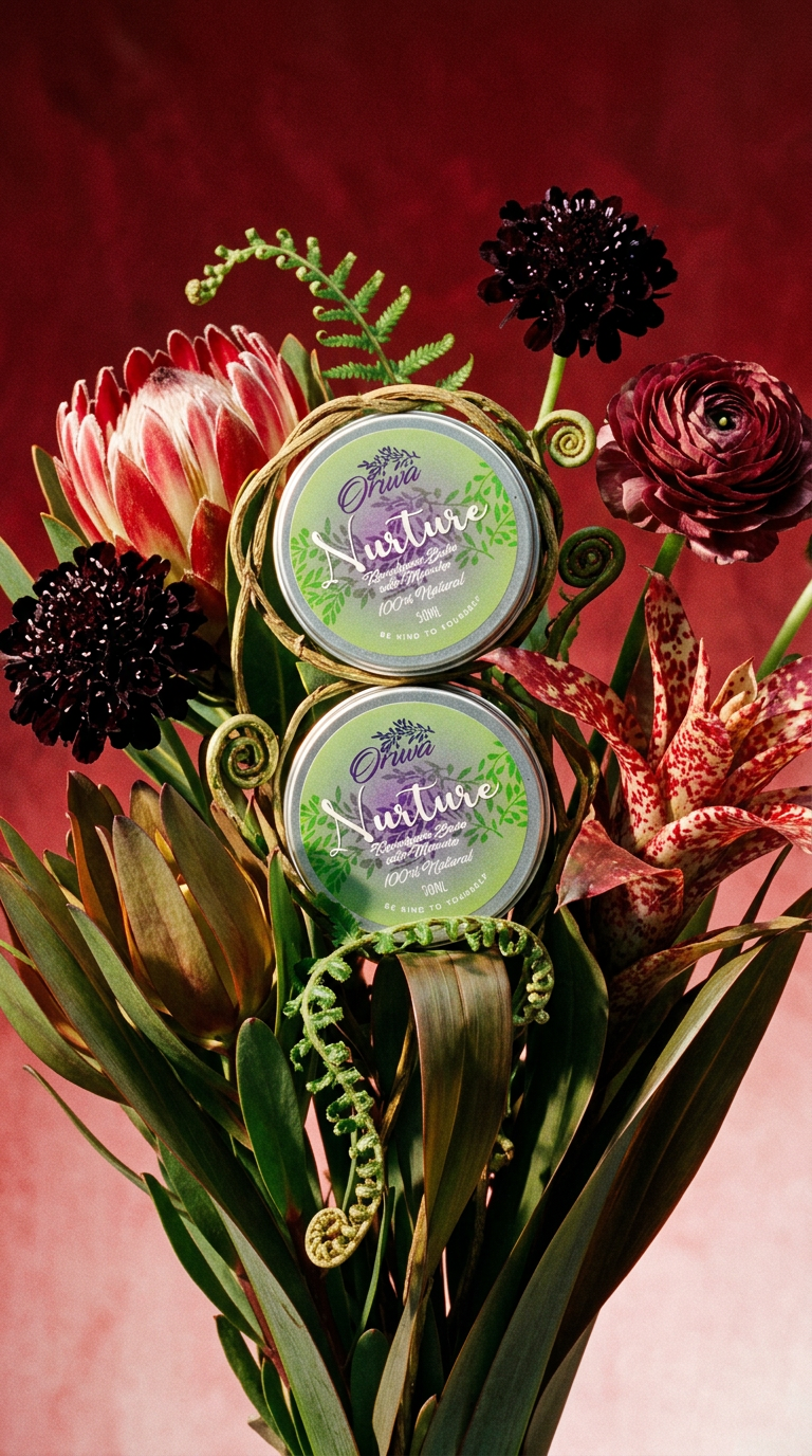 AI product shot of Nurture | Kawakawa Balm with Mānuka