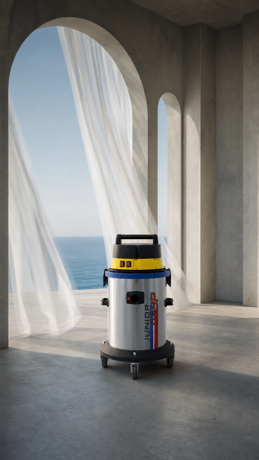 AI product shot of Junior 429/423 – Industriell HEPA-dammsugare i rostfritt stål