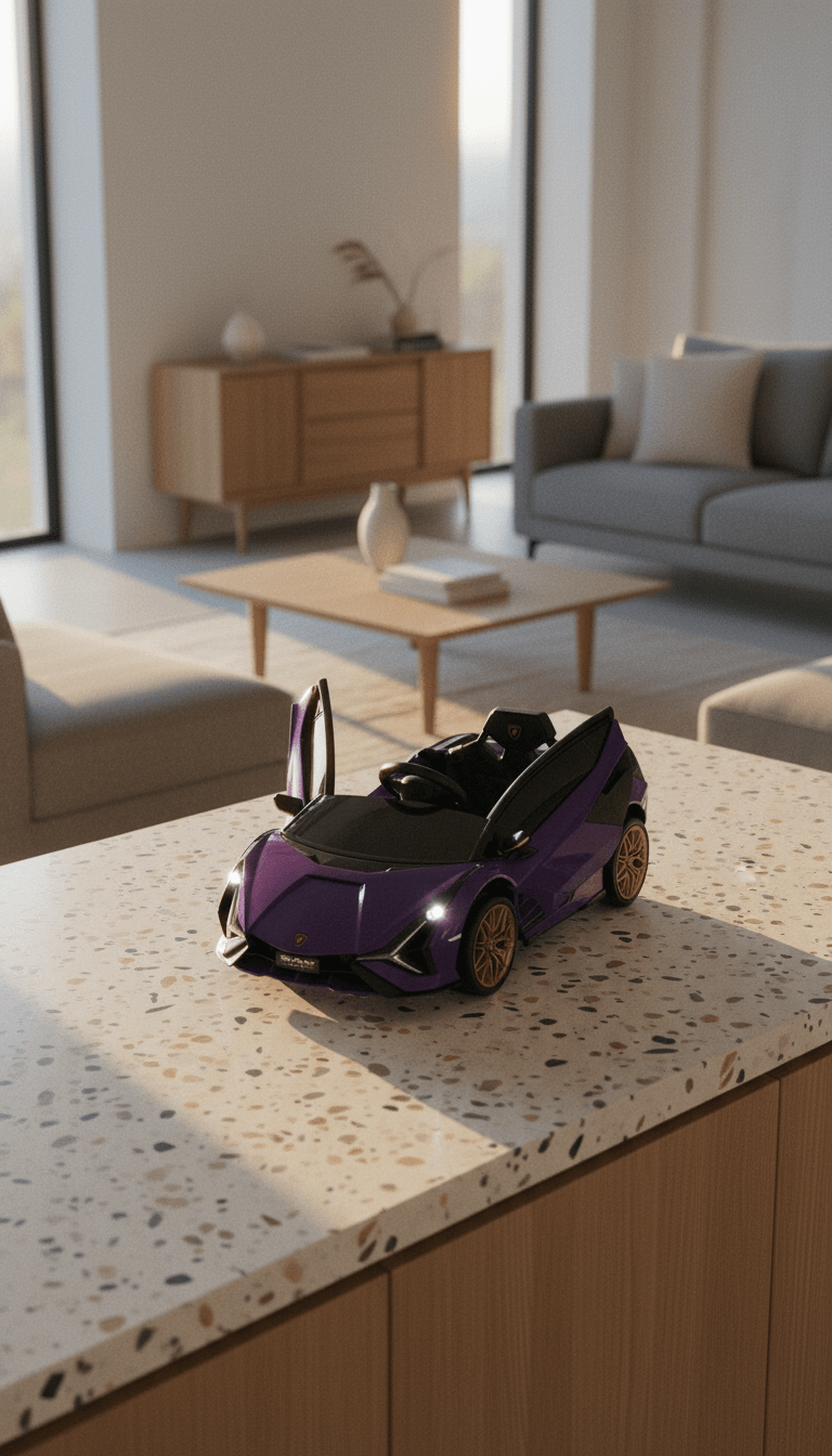 AI product shot of OLAKIDS 12V Licensed Lamborghini Sian Kids Ride On Car with Parent Remote Control, Spring Suspension, MP3 Player, Electric Toy Roadster Carbon Fiber Textured for Toddler (Purple)