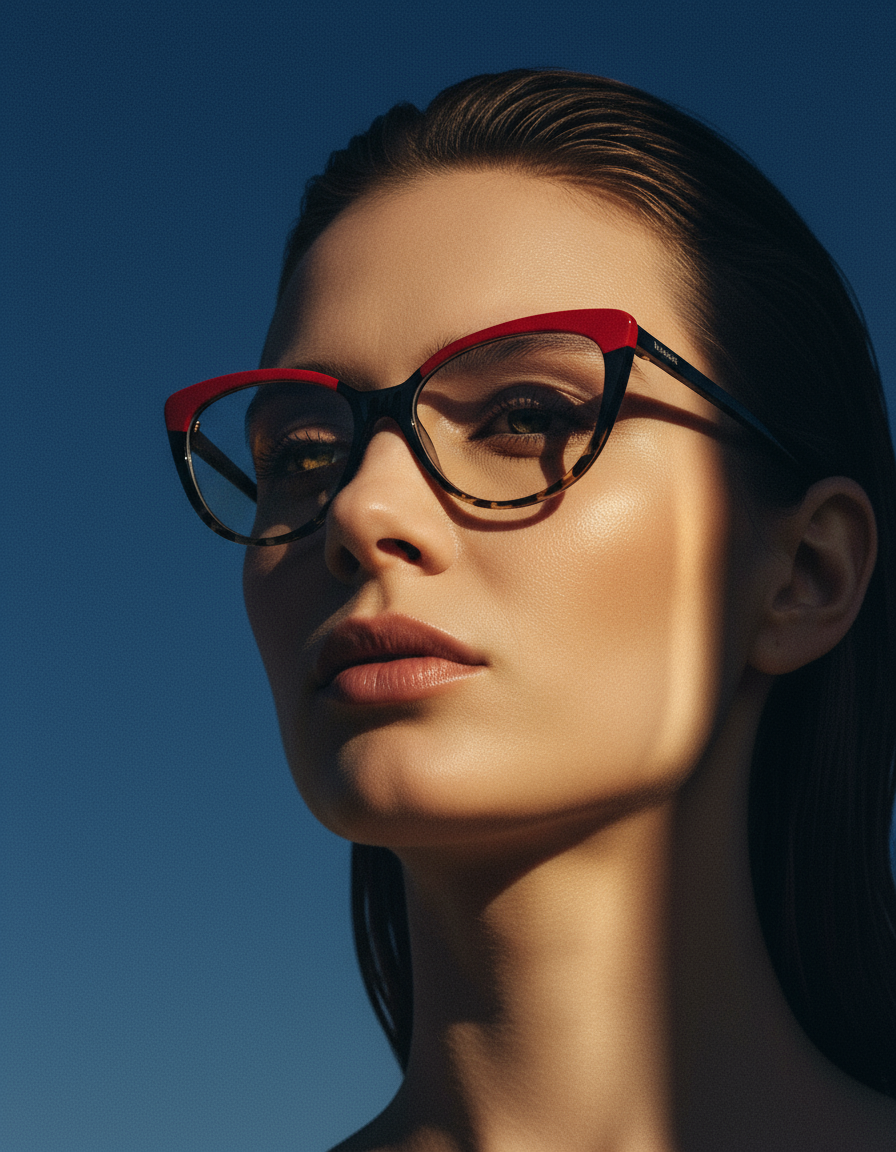 AI product shot of Trudie - Bold Cat-Eye Red & Black Tortoise Frame Glasses