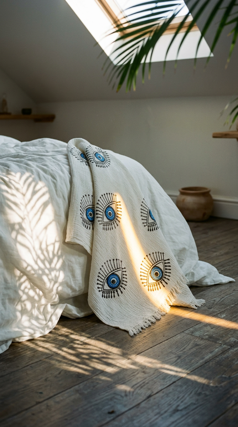AI product shot of White with Blue Eye Organic Cotton Peshtemal Towel