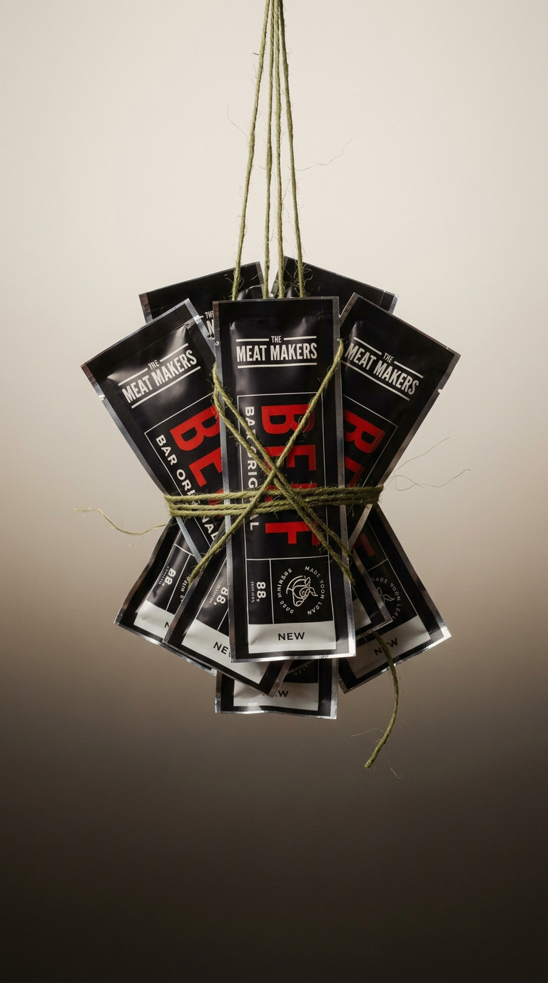 AI product shot of The Meat Makers Beef Bar (12 x 25g) Premium Dry Meat, Beef Bar with High Protein Content, Fast Energy, Dry Meat for Humans, Exclusive Production Technology