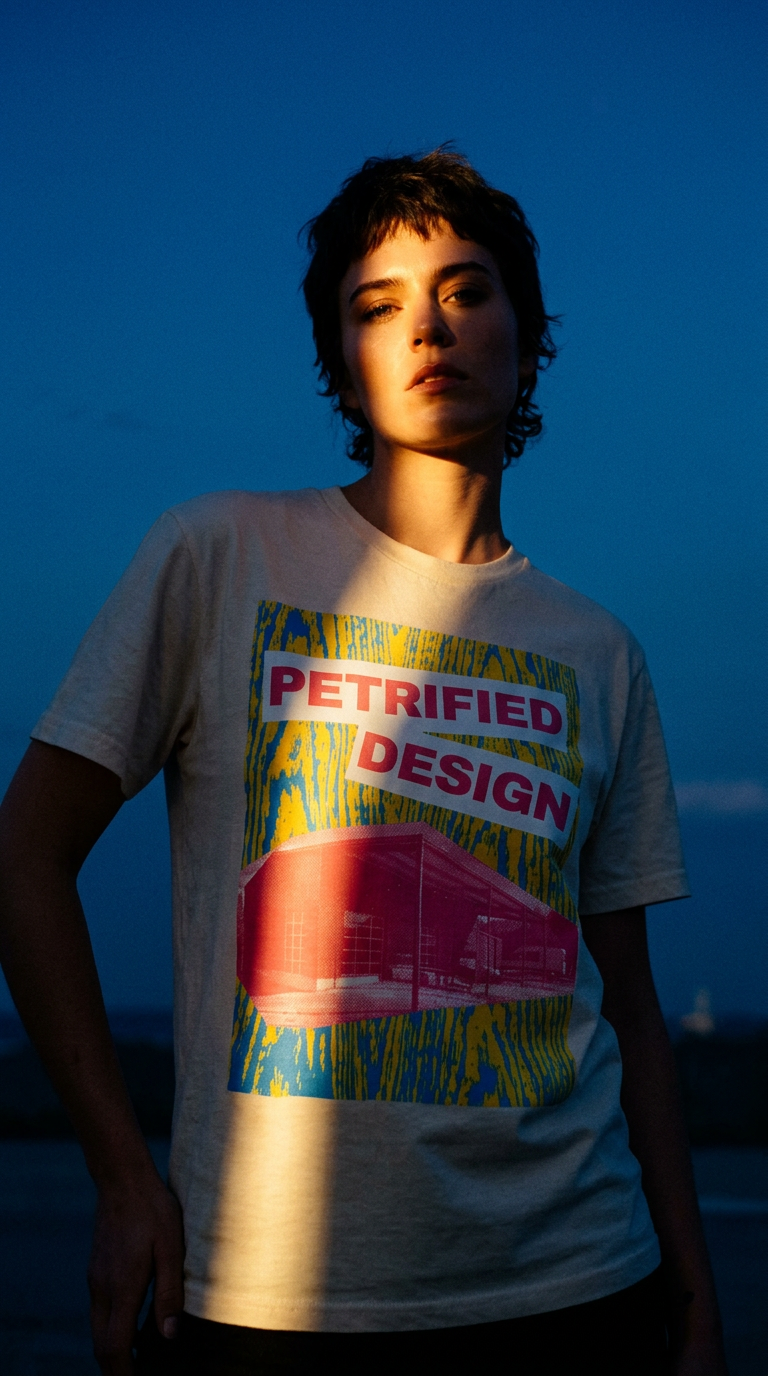 AI product shot of Petrified Design - 15 year anniversary shop shirt