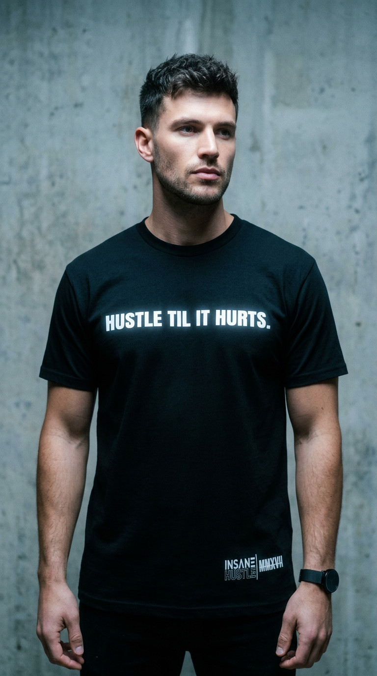 AI product shot of Hustle Til It Hurts Black Crew Tee