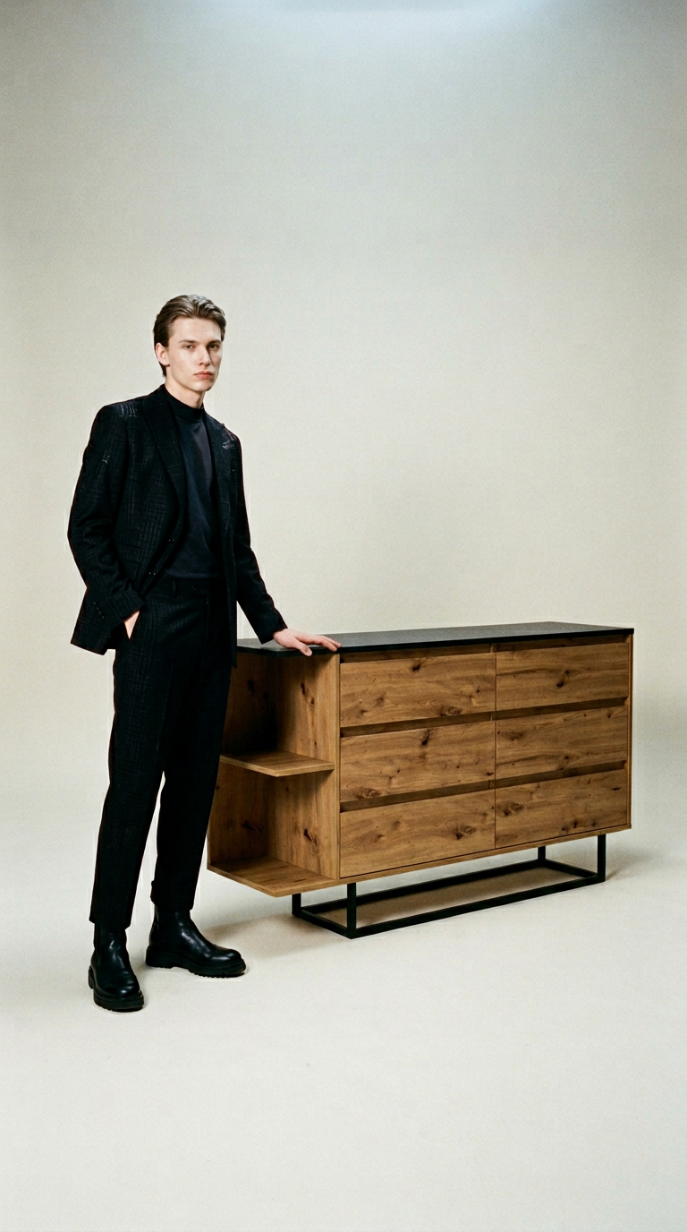 AI product shot of Loft chest of drawers with 6 drawers on metal legs, artisan oak, black, 140 x 81 cm