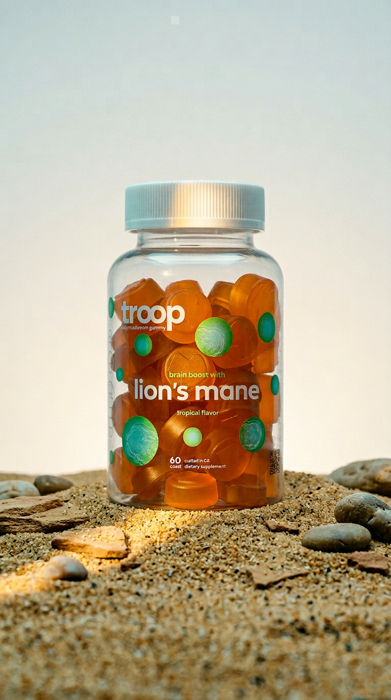 AI product shot of Troop Vegan Lion's Mane Mushroom Gummy