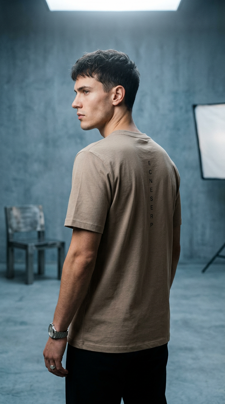 AI product shot of ROWDY POSH.Statement: Presence Tee – Heather Stone