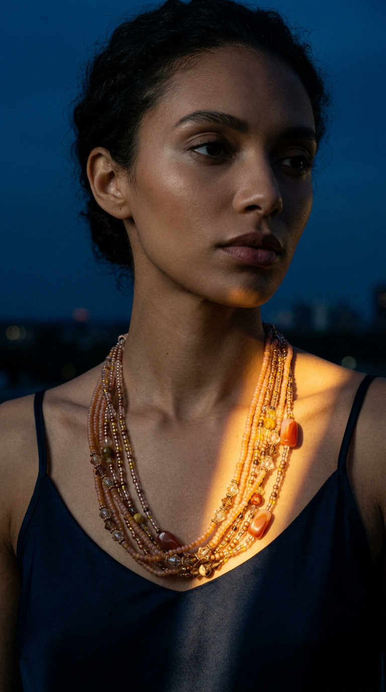 AI product shot of 6 Strand Crystal & Carnelian Torsade (N4827)