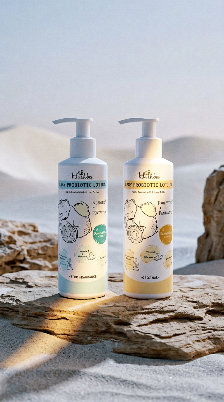 AI product shot of Hushbee Baby 24Hour Hydrating Probiotic Lotion with Pentavitin (0-3years), 250g