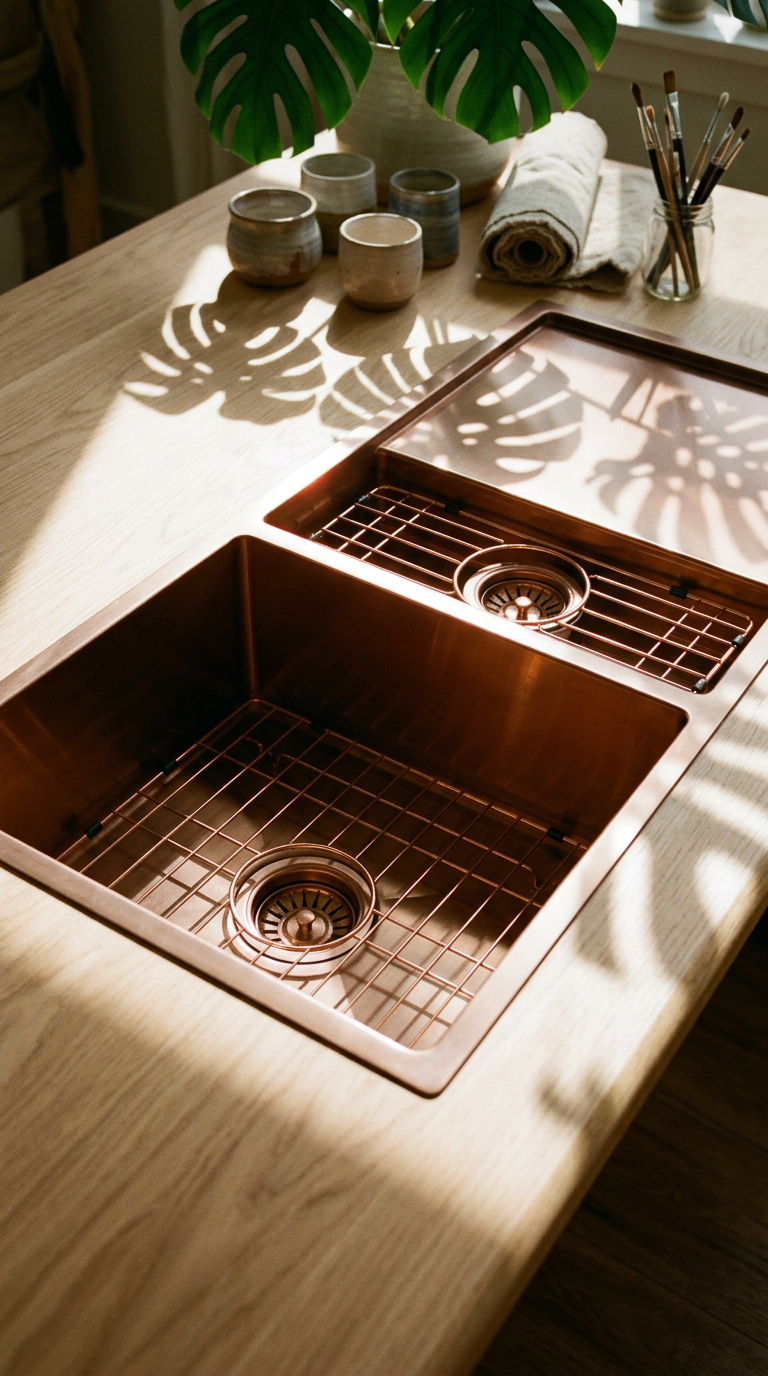 AI product shot of Chloe 1000x450x200 Brushed Copper Rose Gold One & Quarter Bowl with Drainer Stainless Steel Sink