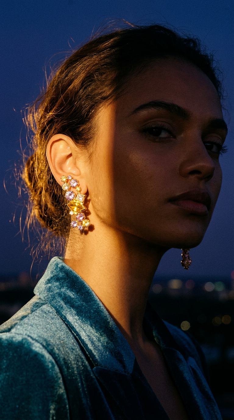 AI product shot of The Mananasi Solar Cluster: One-of-a-Kind 18k Gold, Rare Sapphire & Ocean Diamond Earrings