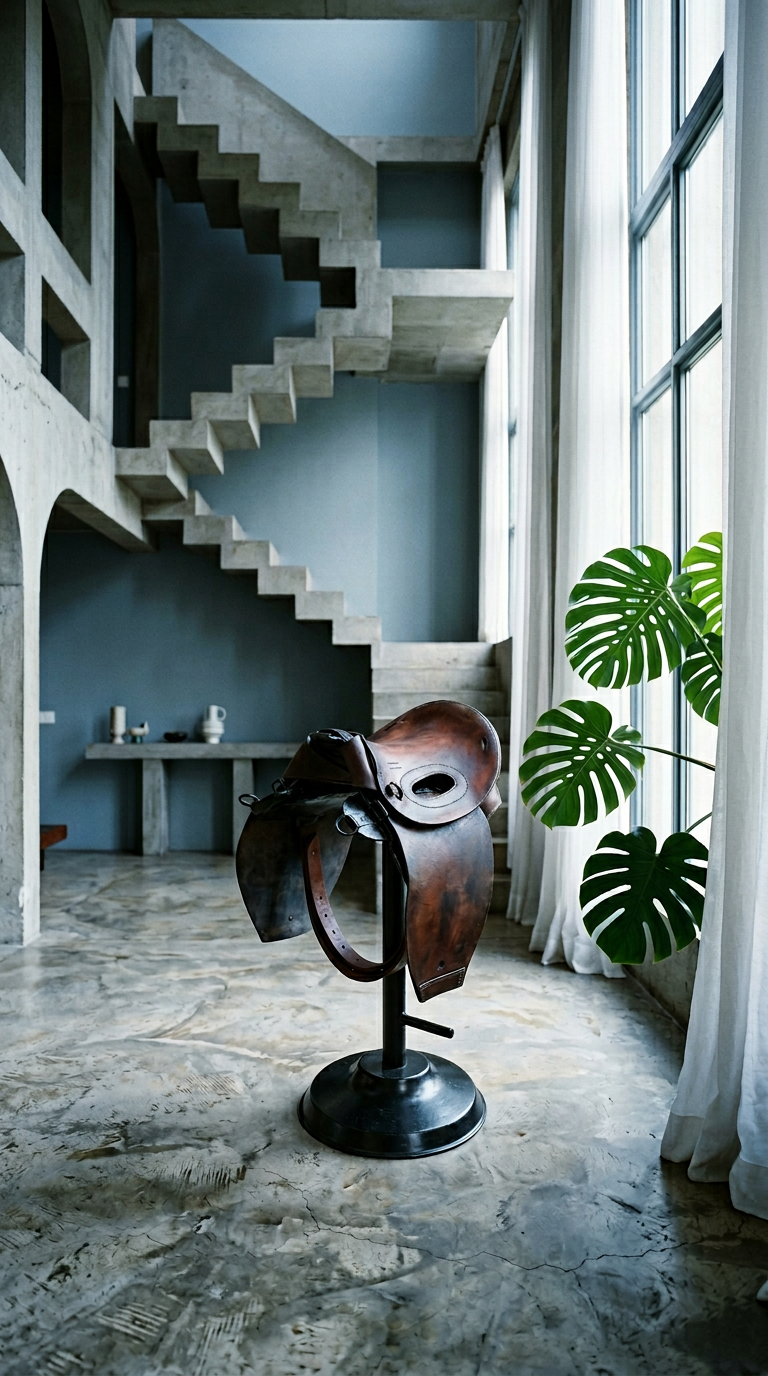 AI product shot of Antique 20th Century WWI Horse Saddle Bar Stool