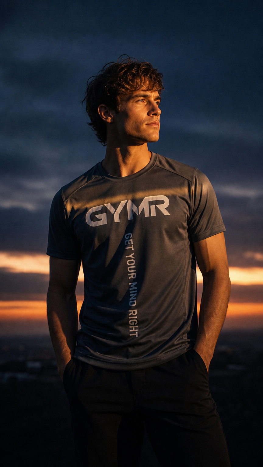 AI product shot of GYMR (Get Your Mind Right) Elite Training Tech Shirt – Charcoal
