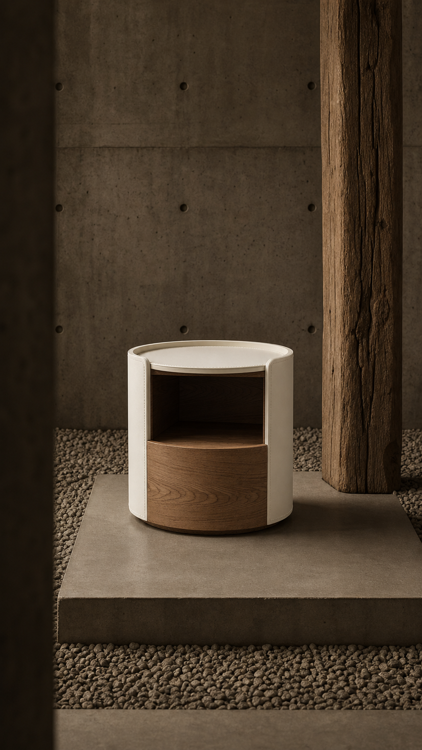 AI product shot of The Rosewood Leather & Wood Round End Table | Luxury Side Table with Open Storage Shelf | for Modern Living Rooms (I)