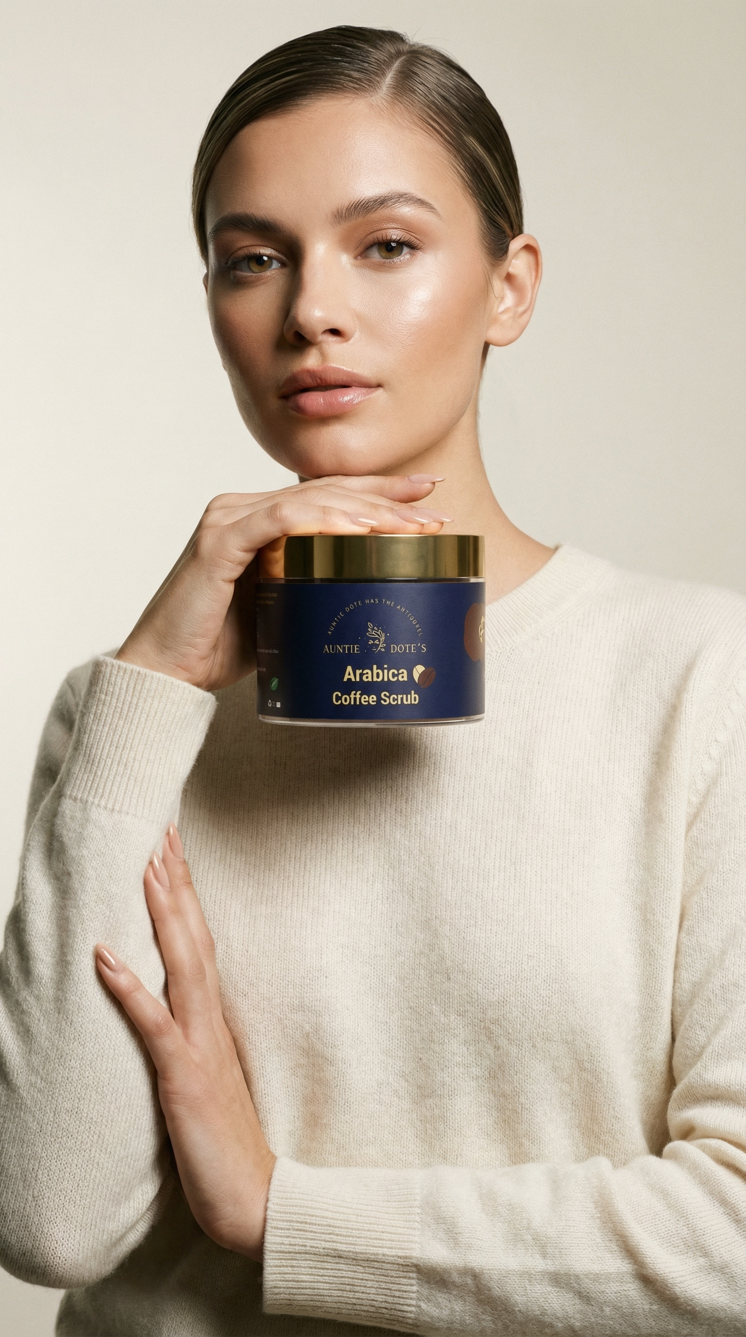 AI product shot of Auntie Dote's Arabica Coffee Dead Sea Salt Scrub