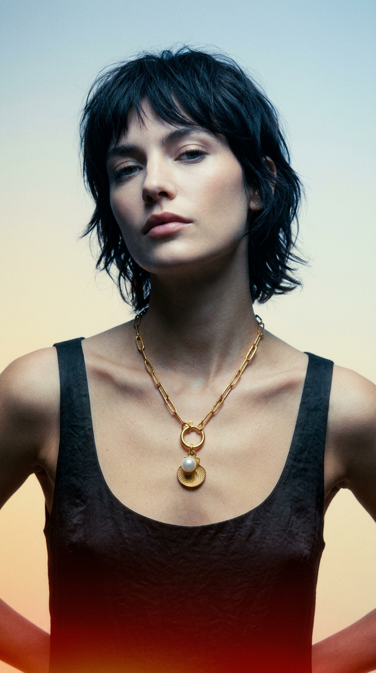 AI product shot of 18K Gold Plated Stainless Steel Chain Link Seashell Necklace with Pearl