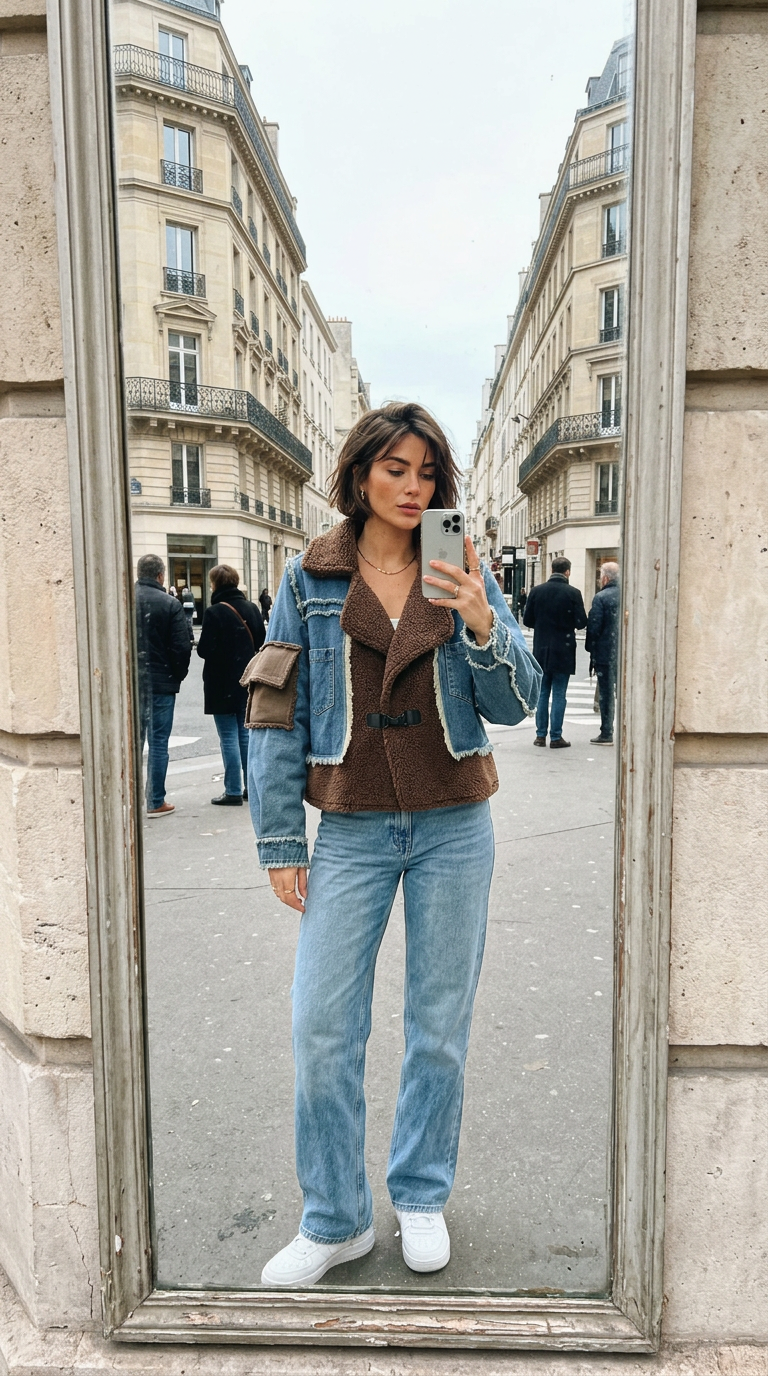 AI product shot of Women's Denim Coat Patchwork Burrs Lamb Wool Long Sleeve Thicken Biker Cargo Cool Jackets