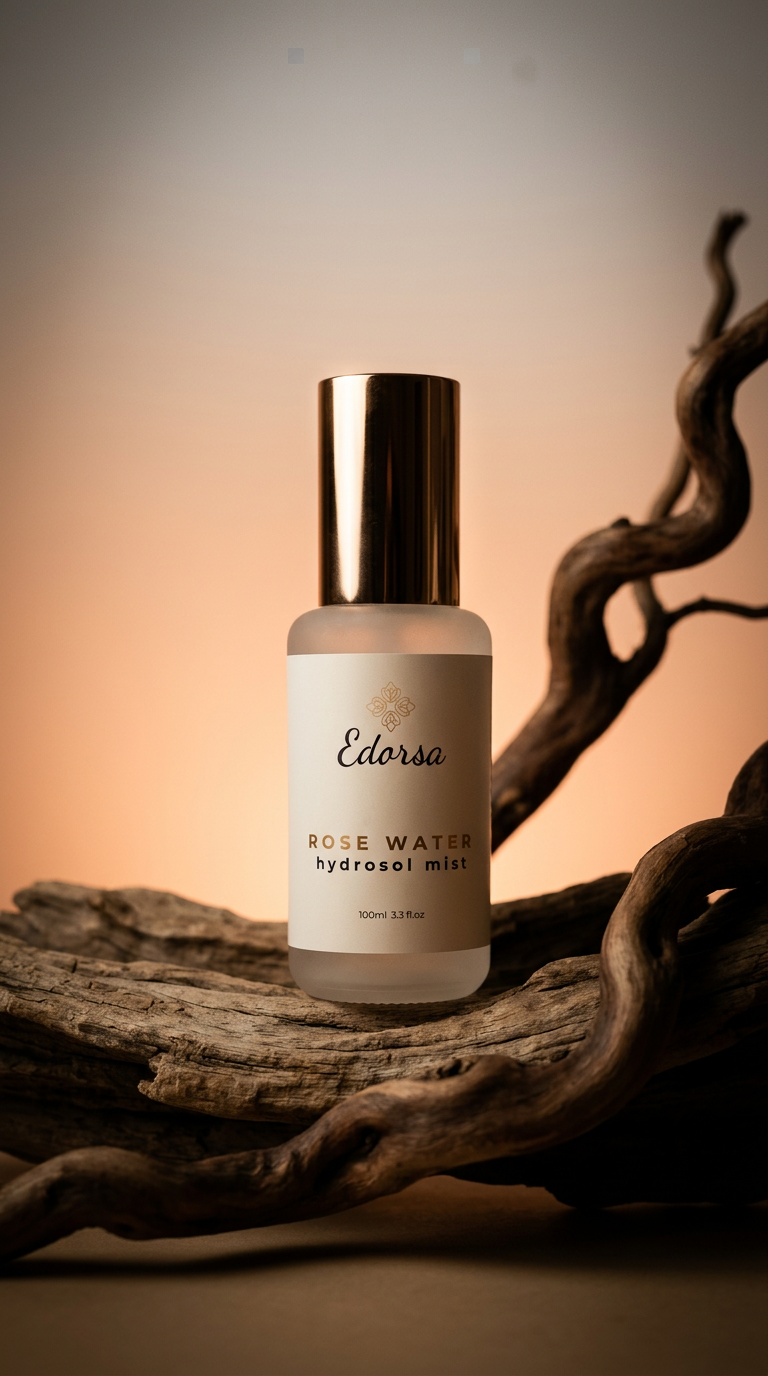 AI product shot of Organic Bulgarian Rose Hydrosol Mist with rose quartz crystals