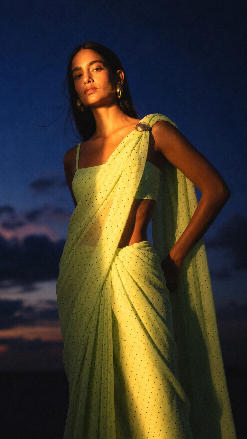 AI product shot of Mint Green Polka Dotted Brooch Saree