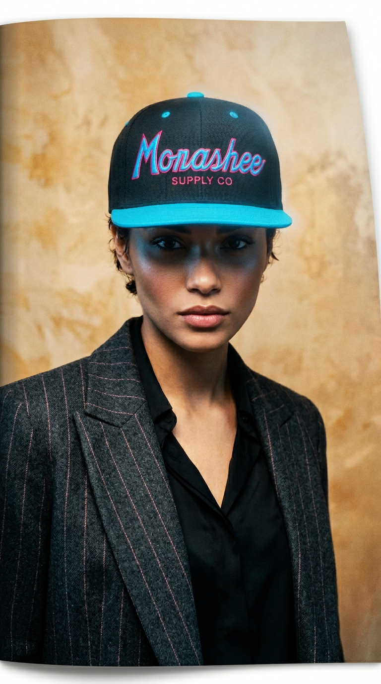 AI product shot of 90s Script Snapback Hat