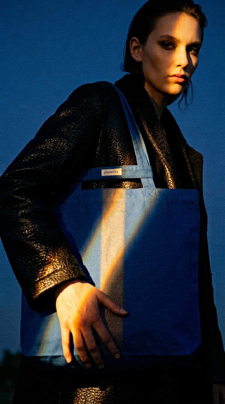 AI product shot of Classic Blue tote bag