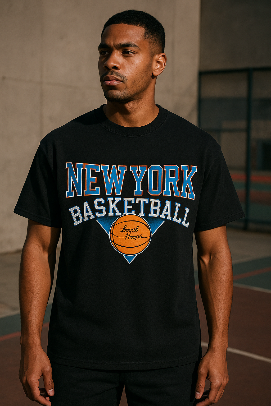 AI product shot of Black Heavy New York Basketball Tee