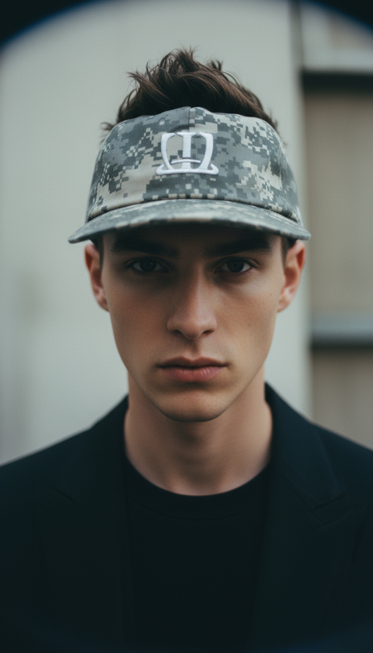 AI product shot of W logo cap (Digital Camo)